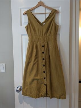 GAP Mustard Yellow Button-Front Cotton Linen Midi Dress 4/6 Cottagecore Country